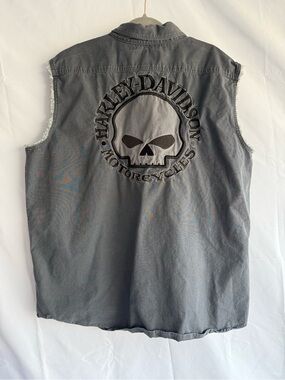 Harley-Davidson 2XL Skull Embroidered Sleeveless Denim Shirt Vest Gray